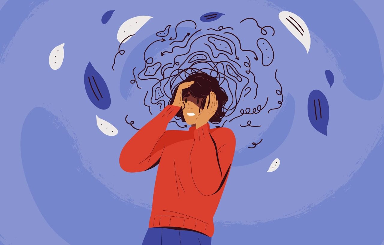 Ilustração da ansiedade em uma pessoa com as mãos na cabeça e rodeada por riscos que representam seus pensamentos confusos.